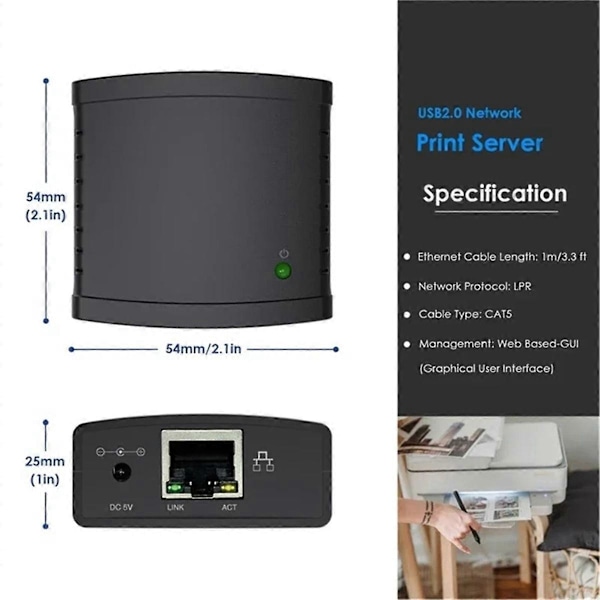 USB 2.0 LRP Print Server Del LAN Ethernet Netværksprintere Strømadapter USB HUB 100Mbps Pri