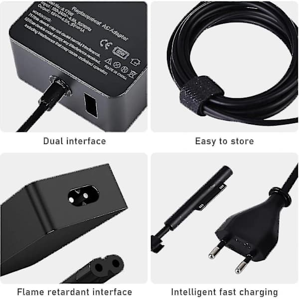 Surface Pro-lader, 65W 15V 4A Microsoft Surface-lader for Surface Laptop 4/3/2/1, Surface Book1/11