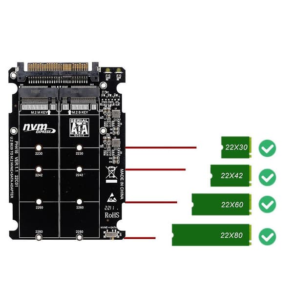 M.2 SSD till U.2 Adapter 2-i-1 M.2 NVMe och SATA-buss NGFF SSD till PCI-e U.2 SFF-8639 Adapter PCIe M2 Co
