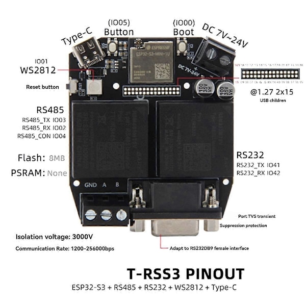 T-RSS3 ESP32-S3 Udviklingskort RS232 RS485 5V Modul On-Board