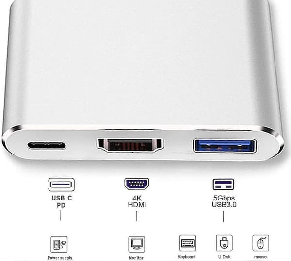 USB-C til HDMI-adapter (støtter 4K/30Hz) Type-C 3 i 1 konverterkabel