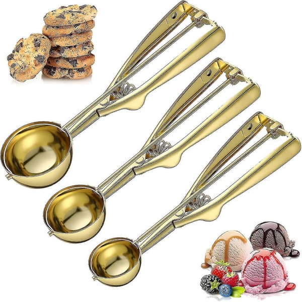 3 stk. Guld Cookie Scoop Sæt Is Scoop Cookie Med Trigger Lollipop Cake Pop Udgivelse Rustfrit Stål Cookie Scoops Stor Medium Lille Størrelse Cupcak
