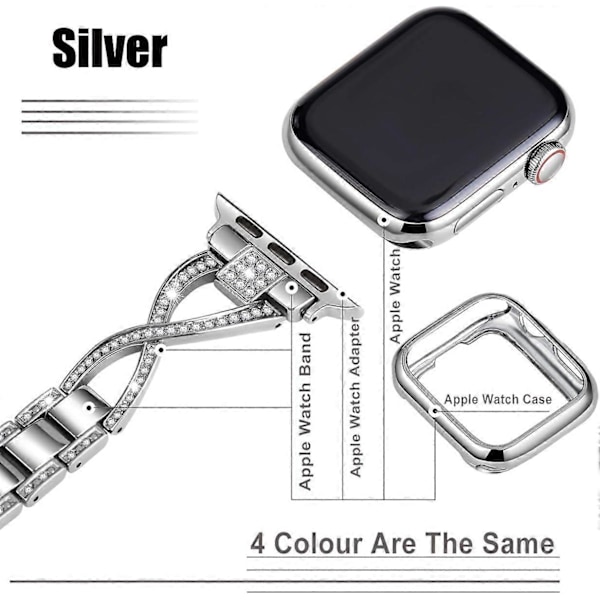Klockarmband Kompatibla med Apple Watch 42/44mm SE Serie 7 6 5 4 3 2 1 Kvinnor Smycken Metallarmband med Glitter Diamanter (Silver)