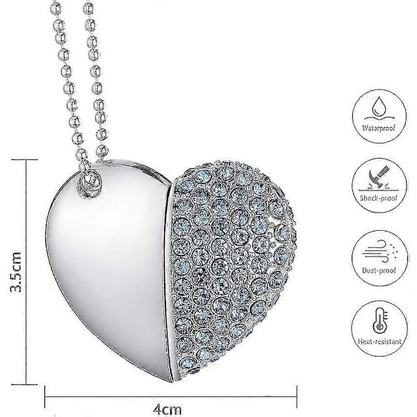 USB-stik, Premium USB 3.0, Diamant Hjerteform 32GB USB Flash Drive Vandtæt Memory Stick Hukommelseskort Høj Hastighedsoverførsel, Blå-Yvan
