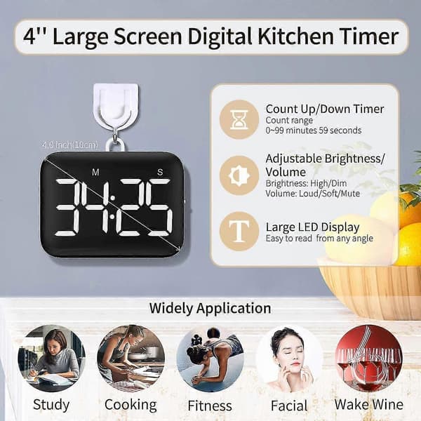 Digitalt Køkken Timer Magnetisk Nedtælling Optælling Timer Let At Bruge Til Børn Lærere Og Seniorer (1 stk, Hvid)