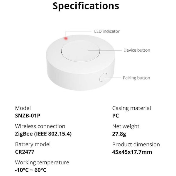 SNZB-01P Zigbee Trådløs Kontakt Smart Scene 2-vejs Kontrol Hvidevarer Via til Smart Home Works