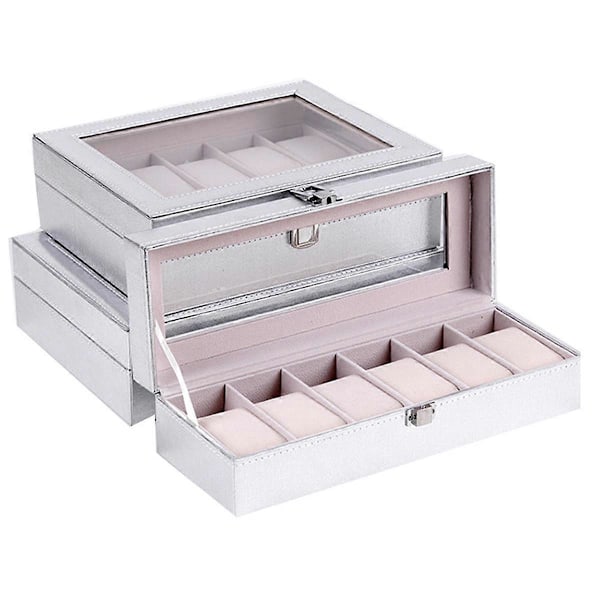 Klockförvaringslåda med 6 fack, specialfodral för damklockor, dekorativ organizer, mode-present, 6 fack, silver