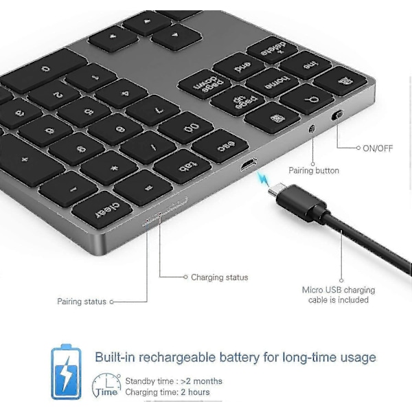 Bluetooth-numeropainikkeisto, alumiininen, langaton, latautuva, ohut, 34 näppäintä, ulkoinen numeronäppäimistö, tietojen syöttö, yhteensopiva Macbookin, Macbookin kanssa