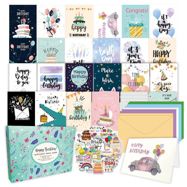 50 stk unikke fødselsdagskort med kuverter og klistermærker, lykønskningskort fødselsdagskortpakke, fødselsdag