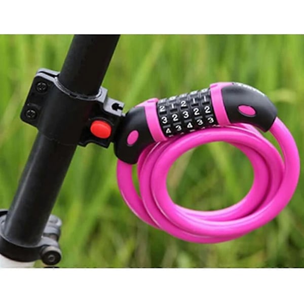 Cykellås med hög säkerhet, 5-siffrig återställbar kombination, spiralformad kabel, bäst för cyklar utomhus, 1,2 mx 12 mm rosa