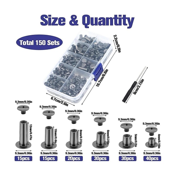 150 sarjaa Chicago-ruuveja, Sekakokoinen setti, 6 kokoa, Pyöreä litteä pää, Nahka-niitit, Chicago-sidontaruuv, F