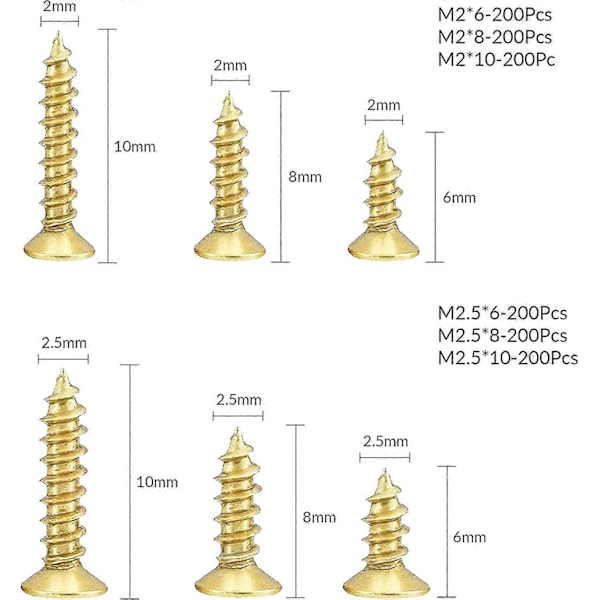 Små Skruer M2 M2.5 Selvskærende Skrue Sortimentssæt Flad Hoved Kryds Træskruer Guld Mikro Fastgørelseselementer Skruesæt (6mm/8mm/10mm) 1200 stk. - Yvan