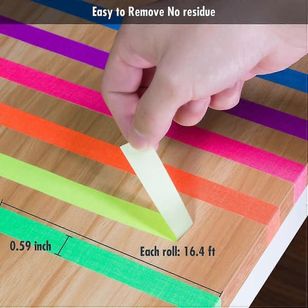6 kpl UV-mustavalossa reagoivaa 1,5 cm x 5 m per väri fluoresoivaa kangas-/neon-gafferteippiä