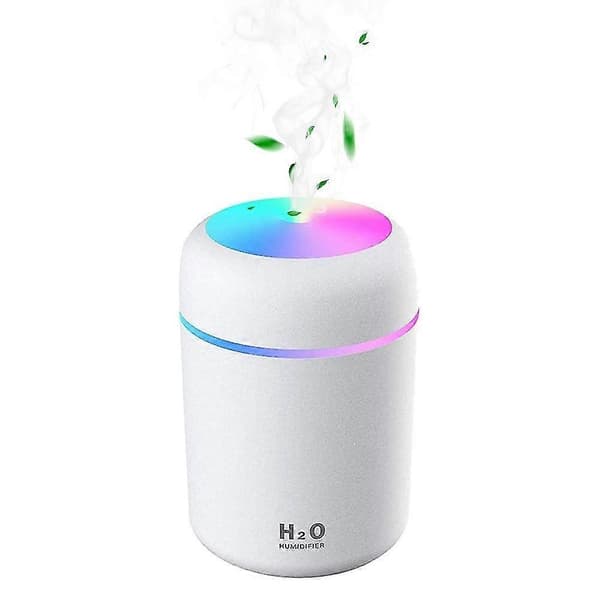 Luftfukter, Mini USB Ultralyd Luftfukter med 7 Farger Pustelys, 2 Tåkemodus, Auto Avstengning (hvit)
