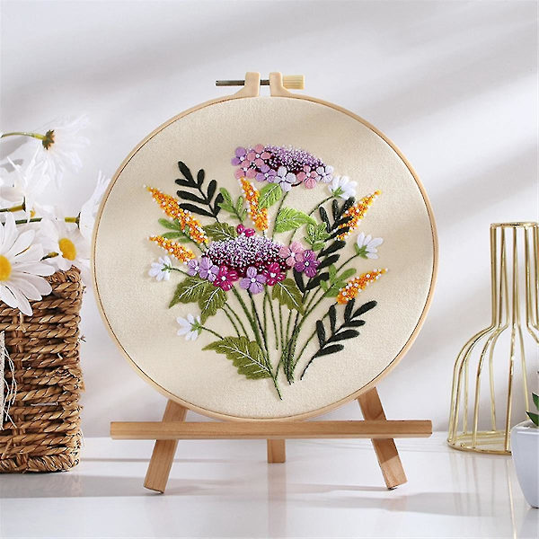 5 Set Broderipaket för Nybörjare Vuxna, Inkluderar Präglad Blommönster, Ram, Färgade Trådar