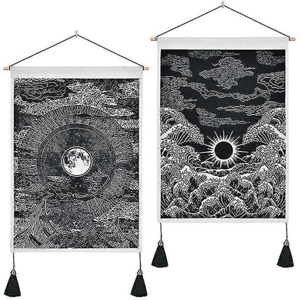 2 Pack Moon and Star Tappetry Tupsuilla Mountain Ocean Wave Tapestries Seinälle ripustettava Art Sunset Great Wave Tapestry makuuhuoneeseen 14" l x 20";
