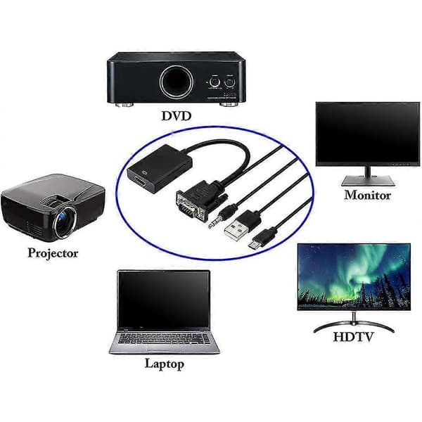 VGA til HDMI-kompatibel han til hun konverterkabel 3,5 mm lyd