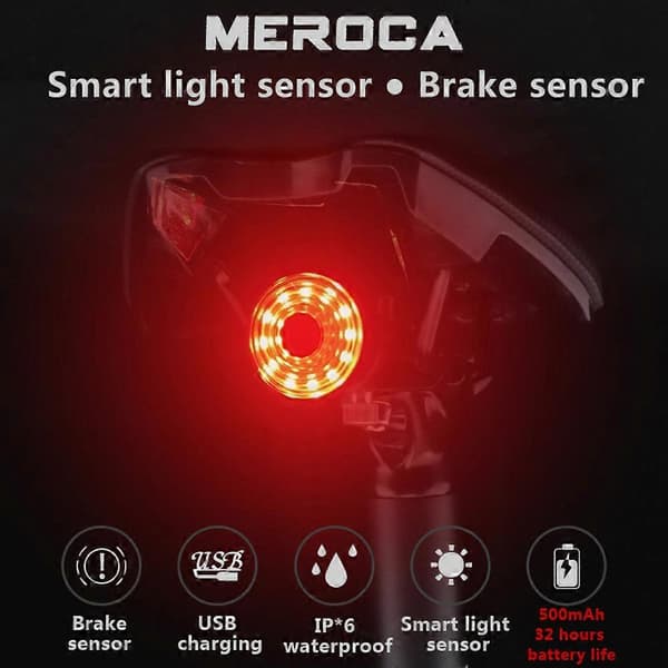 MEROCA Sykkel Baklykter Sykkel Smart Sensor Bremselys IPX6 Vanntett Led Usb
