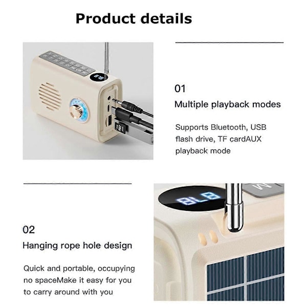 Mini Bærbar FM Radio Utendørs Solar Radio Bluetooth Høyttaler med Fargerikt Lys Støtte Håndfri