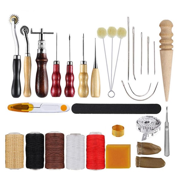 Brown 30pcs Leather Tool Kit Leather Working Tools Basic Leather Sewing Repair Kit Hand Sewing Needles Awl For Leather Shoes Bag Belt Repairing Stitch