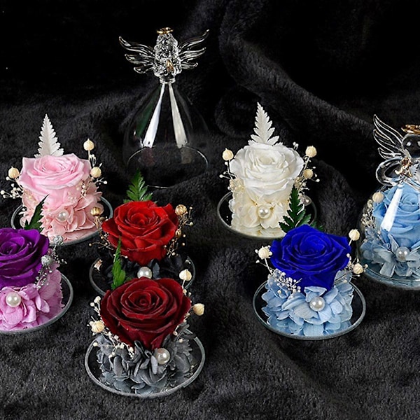 Kunstige blomster i glasklokke med engel skulptur - Feriegaver til kvindelige venner - Style3
