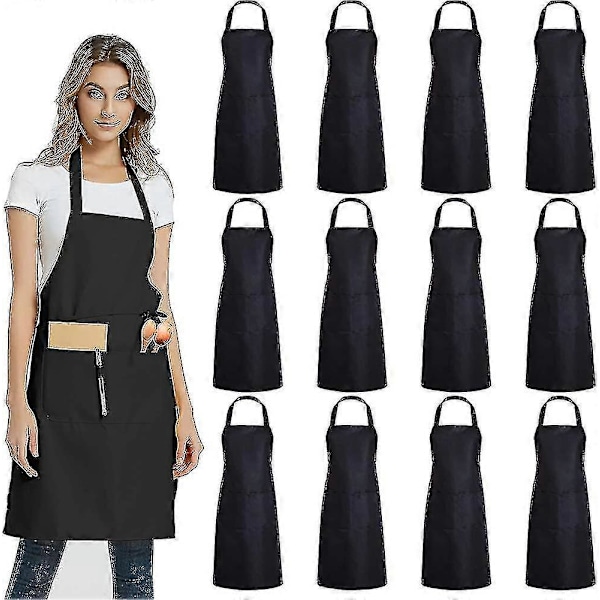 Förkläden i Storpack - 12-pack Enfärgade Haklappsförkläden med 2 Fickor (Svart)