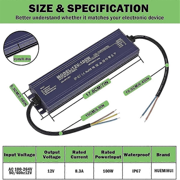 12V LED-drivr IP67 Vattentät 12V 100W Strömförsörjningstransformator 100-264V AC till 12V DC Lågspänningsutgång, för belysning