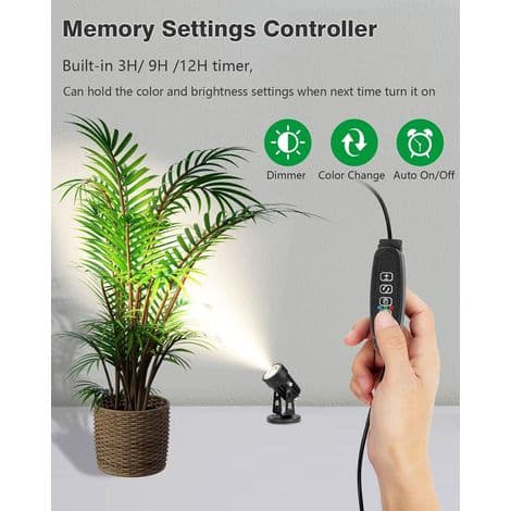 Sæt med 2 dæmpbare 3W LED indendørs gulvspotlights til planter, med 3 farvebelysningstilstande og automatisk tænd/sluk timerfunktion