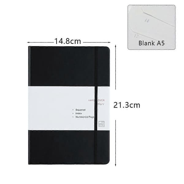 Blank Notebook, Notesbog med elastikbånd, 188 sider, Hardcover - A5 148X 213Cm, Grafpapir - Sort