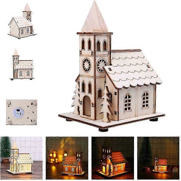 WJTG Ny Rustikk LED Trekirke DIY Tre Julelandsby Scene Lys Opp sJ