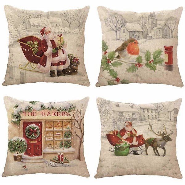 Sett med 4 Juleputetrekk 45x45cm Bomulls Lin Putetrekk for Sofa Sjeselong Seng Stol Hjem Dekor