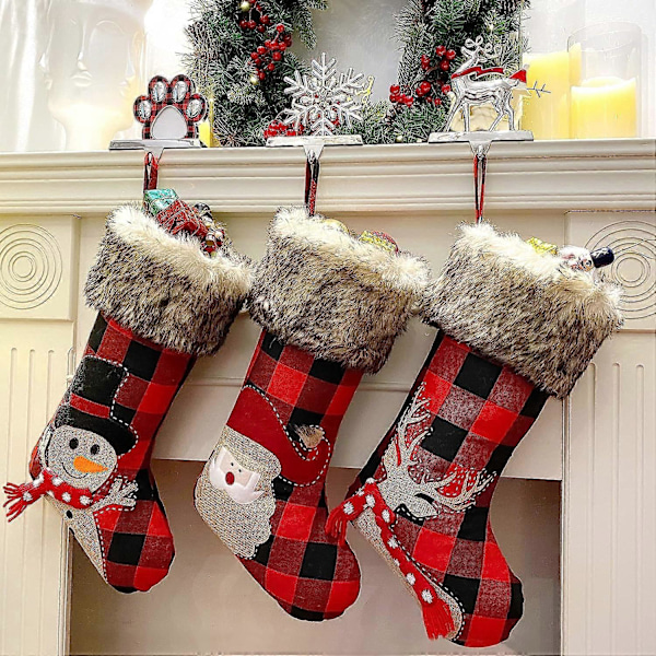 Jule Strømpe 3 stk., 47CM Store Jule Strømper, Buffalo Plaid Jule Strømper Pejs Julepynt