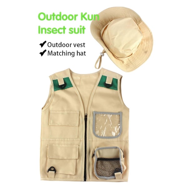 Outdoor Adventure Kit, Khaki Cargo Vest og Hat til Små Børn, Komfortabelt og Holdbart Explorer Kostume Legetøj til Rolleleg
