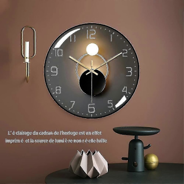 Modern Tyst Väggklocka - 30cm Diameter Quartz Rund Klocka Med Väggpendel (svart)