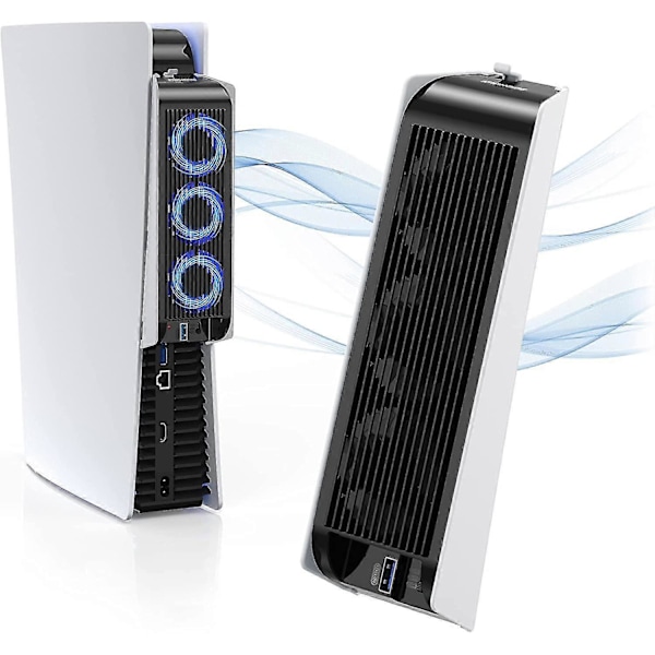 PS5-jäähdytystuuletin LED-valolla, hiljainen tuuletin 3 tuulettimella ja ohjaimen USB-portilla, yhteensopiva PS5 Digital/disc Edition -versioiden kanssa