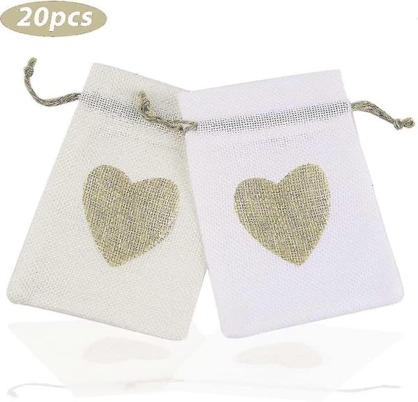 20 st Små Hjärtformade Presentpåsar Jute Säckvävspåsar Smycken Godispåsar