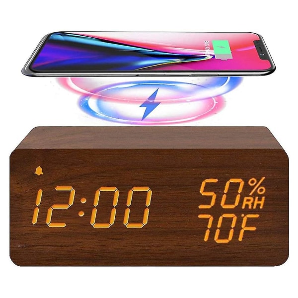 Wooden Digital Alarm Clock With Wireless Charging Led Display Sound Control Snooze Dual For Bedroom Bedside Office