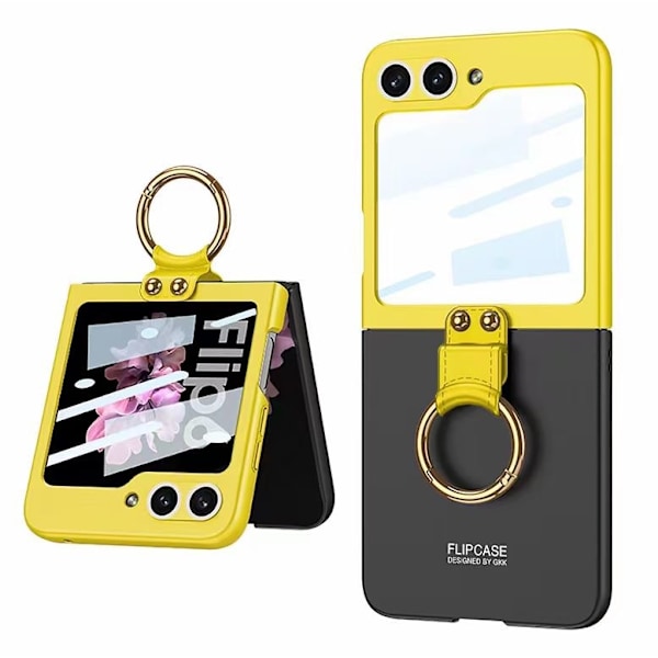 Sopii Samsung Galaxy Z Flip 6 -puhelimen suojakuorelle, jossa on rengas, taitettava luova kuori, kalvo integroitu, kontrastivärinen suojakuori yellow purple
