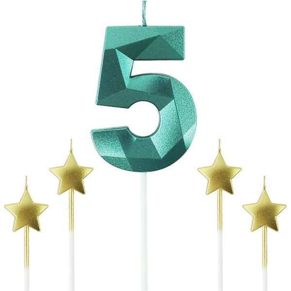 Vihreä Numero 5 Syntymäpäiväkynttilät ja Tähti Syntymäpäiväkynttilät 7 cm Syntymäpäiväkakun Kynttilät 3D Timanttimuotoiset Kynttilät Sopivat Syntymäpäiväjuhliin