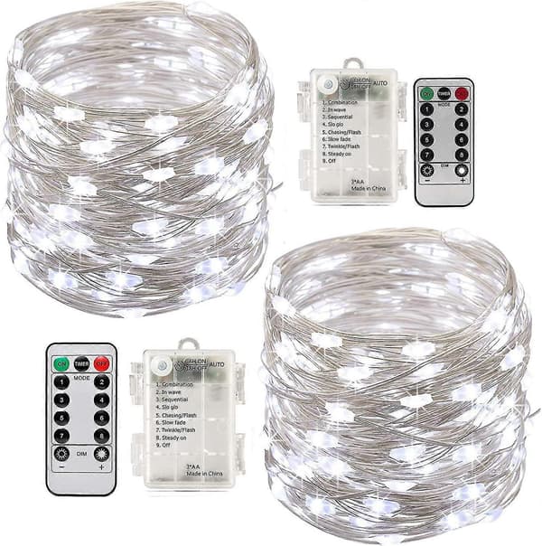 2x10m Batteridrivna LED-slingor 100 LED Timerfunktion Fjärrkontroll IP65 Vattentät (vit)