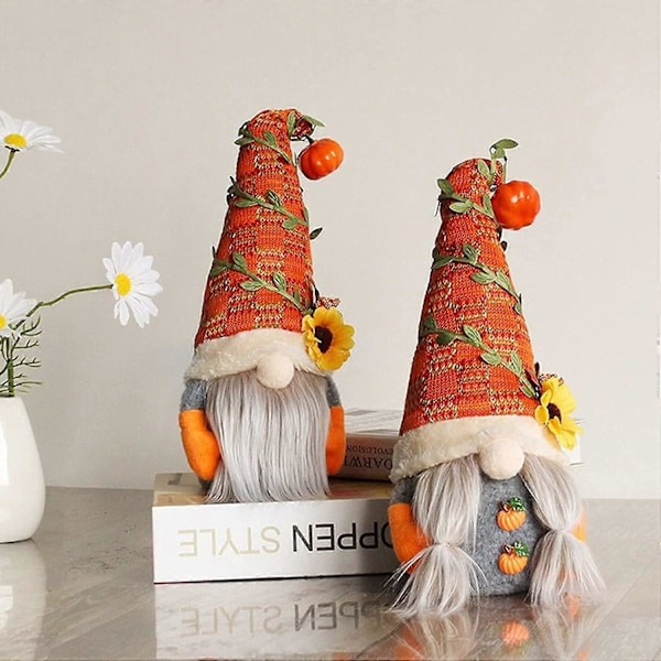 2 st Solrosor Ansiktslösa Dockor, Tacksägelsetomte Orange Höst Pumpa Dockor, med Skäggfläta Dockor Halloween Tacksägelse Bordsprydnader