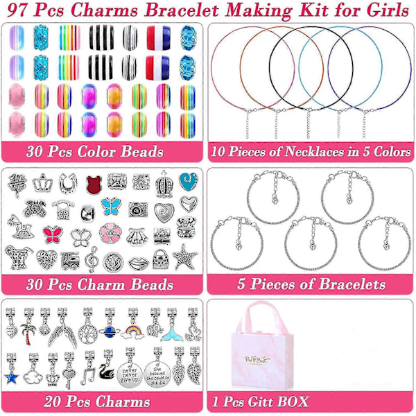 DIY Armbandstillverkningskit för flickor 96 delar Charmarmband Kit med pärlor Hängsmycke Charms Armband Halsbandssnöre