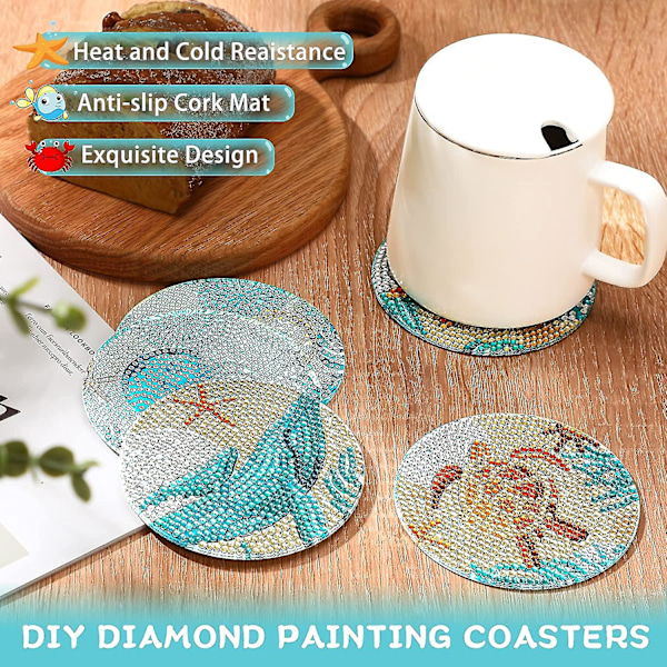 8 stk. Ocean Diamond Painting Coasters, Diy Marine Life Coaster Diamond Art Kits til voksne børn begyndere