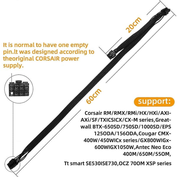 2 stk. CPU ATX 8-pin han til dobbelt PCIe 2X 8-pin (6+2) han strømkabel til modulær strømforsyning (60 cm + 20 cm)