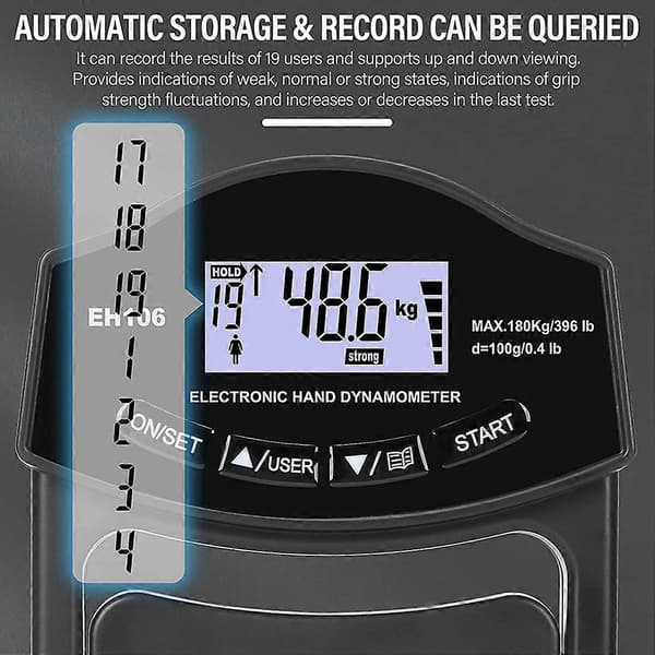 Grip Strength Tester, 396Lbs/180Kg Digital Hånd Dynamometer Grip Strength Meter USB LCD Skjerm Håndgrep Dynamometer