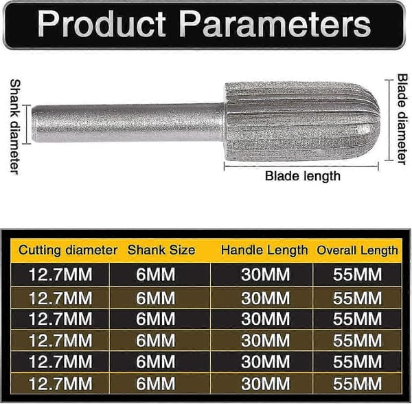 6-pakning 6 mm dobbelkuttede roterende wolframfreser, wolframskaft for filing/gravering/sliping