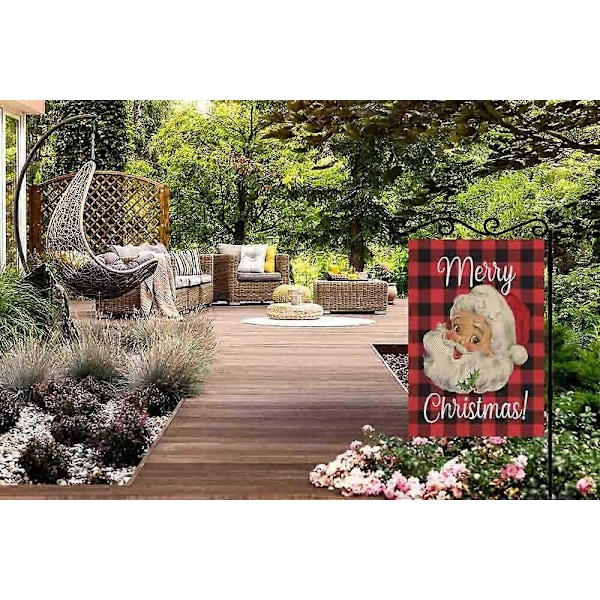 Glædelig Jul Haveflag Dobbeltsidet Polyester Julemand Rød Sort Buffalo Plaid Tartan Ternet Hus