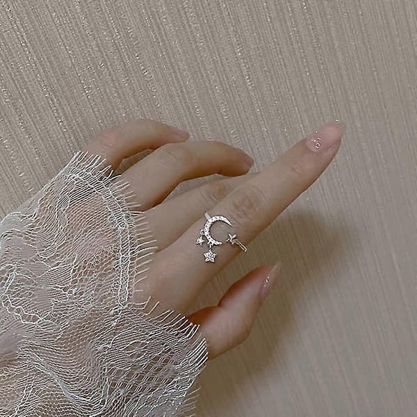 2 stk. Halvmåne Stjerne Åbne Ringe Til Kvinder Cubic Zirconia Dingle Kvast Justerbar Stacking Statement Knuckle Finger Ring Gave Mode Smykker Gi