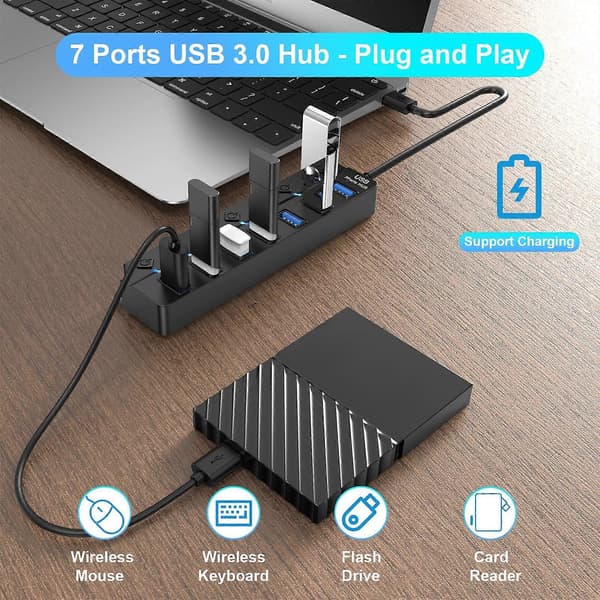 7 Port USB 3.0 Hub Splitter til Laptop Desktop USB Adapter med Individuelle Kontakter