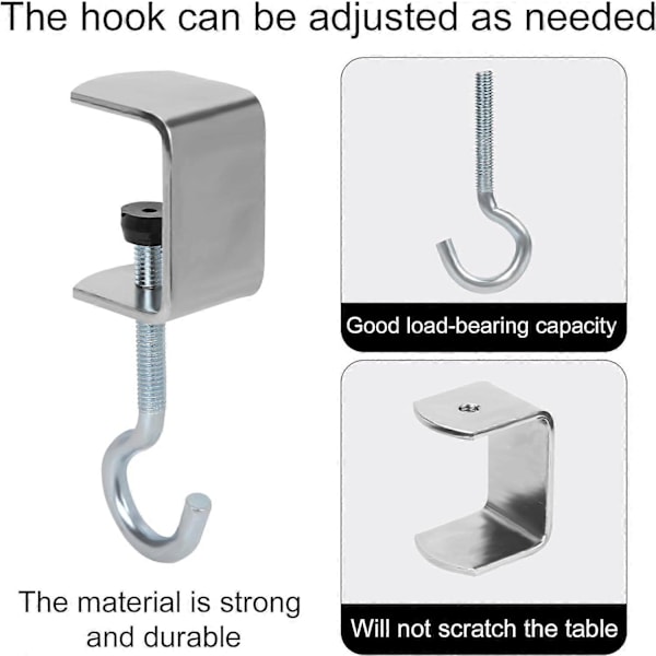 4 stk. Skrivebordsmontert Veskeholder Krok, Metall Under Bordet Veske Krok Justerbar Skrivebord